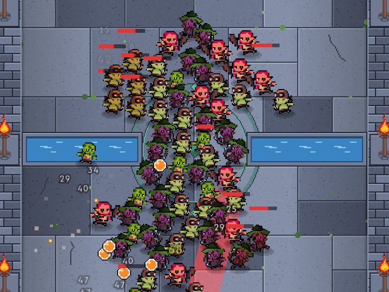 A Thornbow hero holds off a crowd of goblins in a stone dungeon room